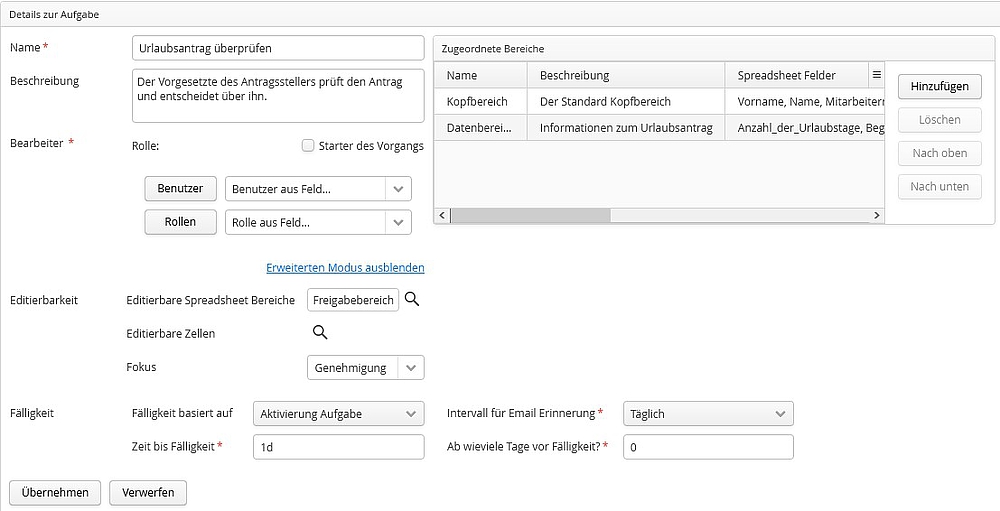 Fälligkeit und weitere Einstellungen für Workflow-Aufgaben 