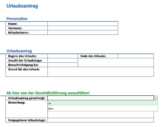 Excel Formular für Urlaubsantrag in Spreadsheet Router