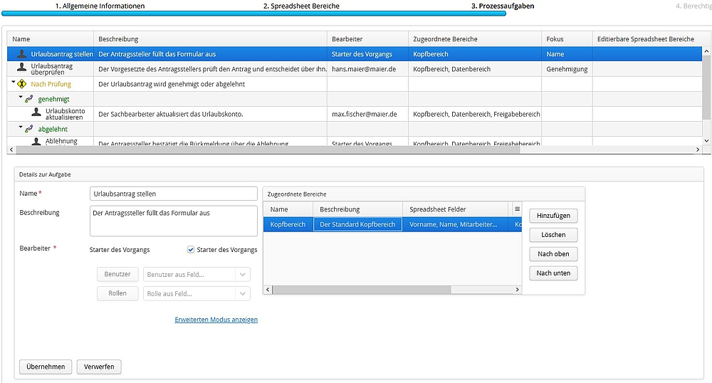 Ersten Schritt "Urlaubsantrag stellen" in die Spreadsheet Vorlage abbilden