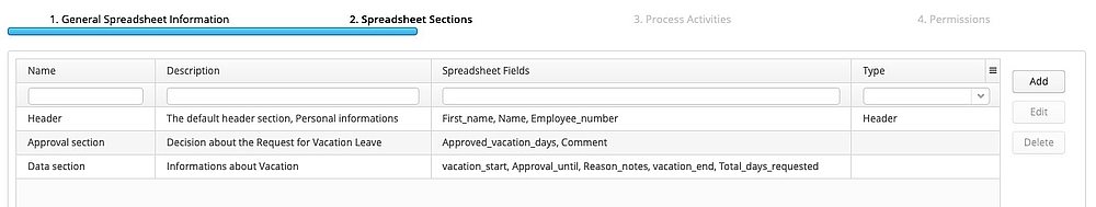 Define data sections for the Excel worksheet