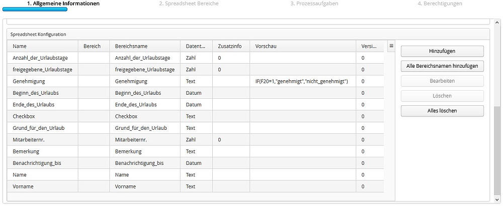 Datenfelder/Bereichsnamen aus Excel in Spreadsheet importieren